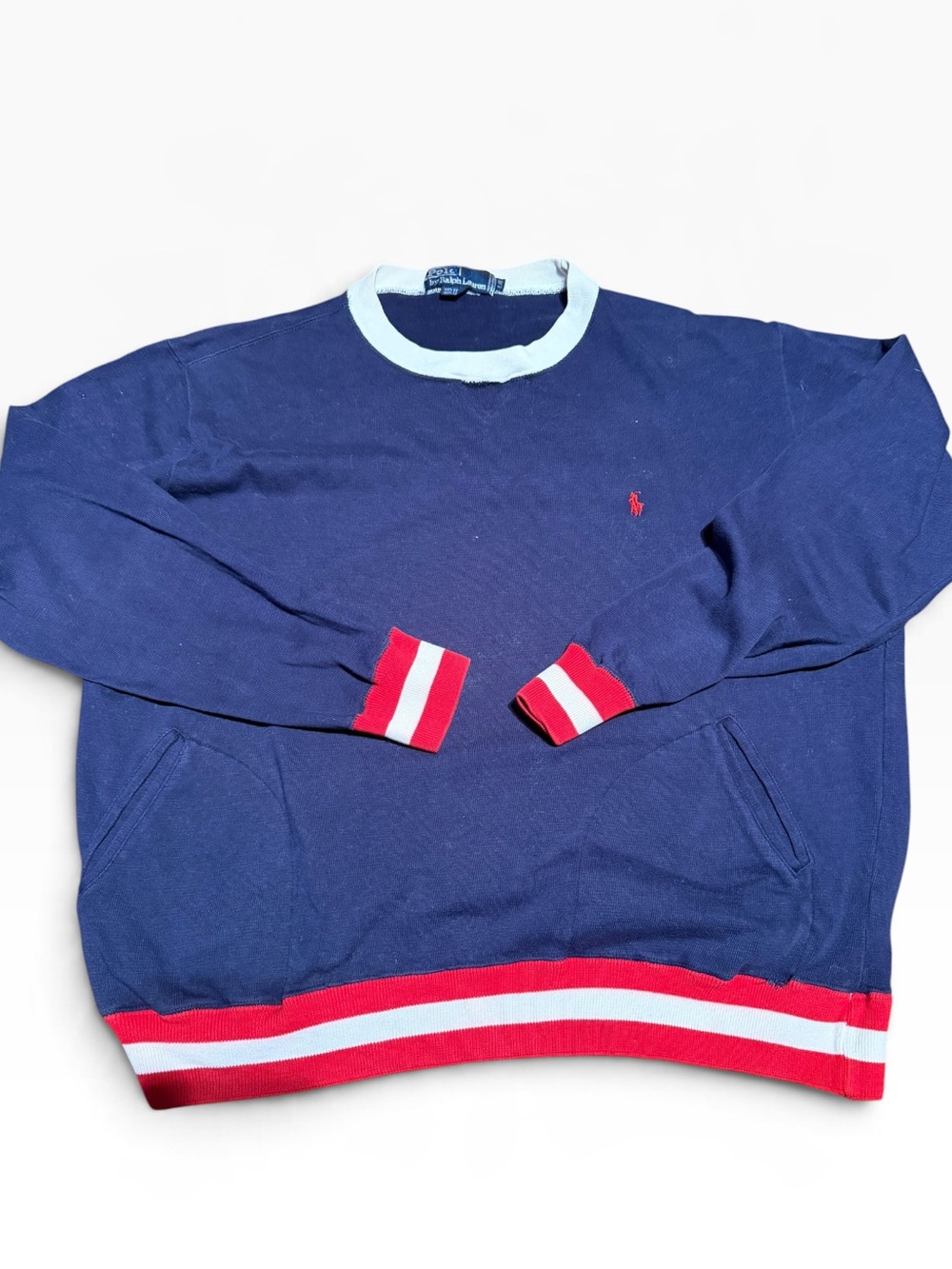 Vintage Ralph Lauren Navy Crewneck Sweater with Red & Light Blue Accents
